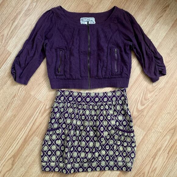 Nick & Mo Anthroplogie Embroidered Mini Skirt Size S Purple Gold Pleanty Pocket - Picture 2 of 7